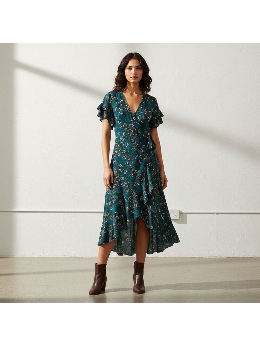 MAX STUDIO Hi-low Wrap Dress In Petrol/Ginger Fan Floral PTP 22” approximately
